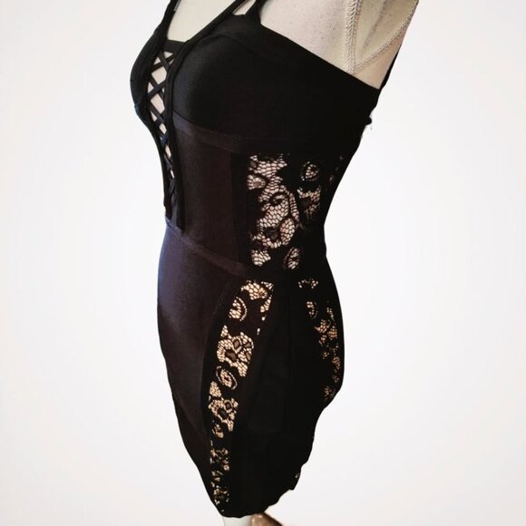 BEBE Spandex Open Lace Sides Criss Cross Bodice Black Mini Dress Size SP NWT - Picture 4 of 4